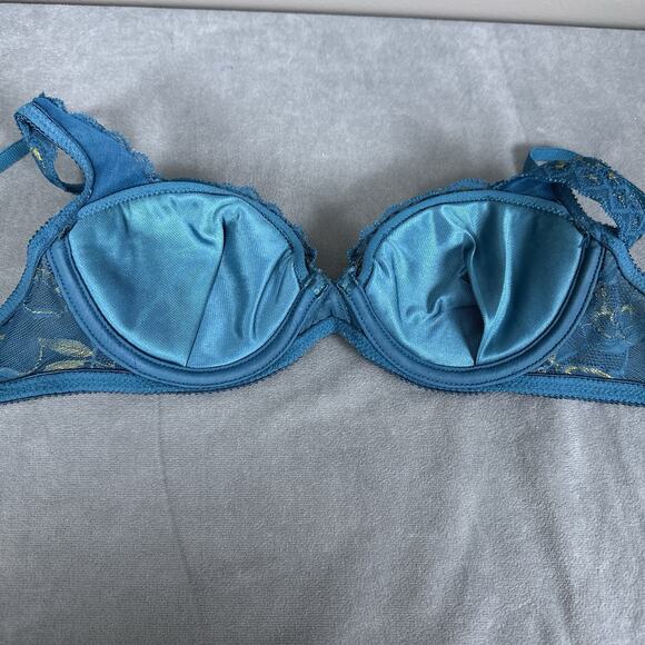 Vintage On Gossamer Bra 90s Padded Lined Push Up 34A Teal Lace Underwire AS IS - Picture 6 of 9